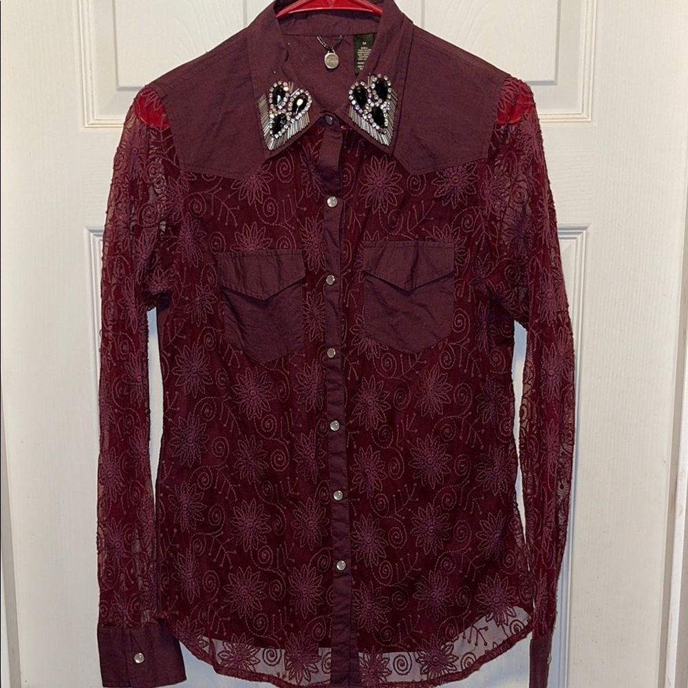 Embroidered Burgundy Sheer Button-Up Shirt